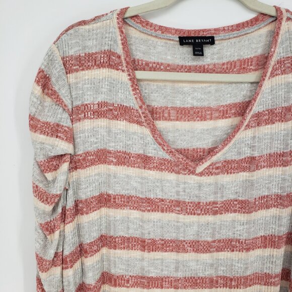 Lane‎ Bryant Striped Ribbed Knit Top 14 16 V Neck Ruched Long Sleeves Red Gray - Picture 4 of 7